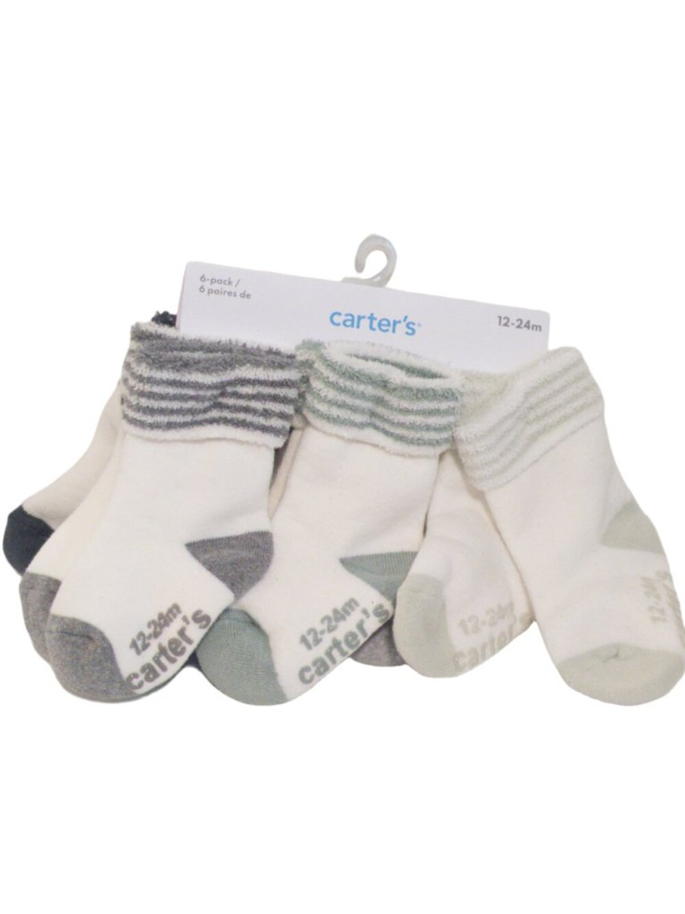 NWT carter's 6 pack 12-24m Socks Unisex White Striped Soft Cuffed Gift Multipack